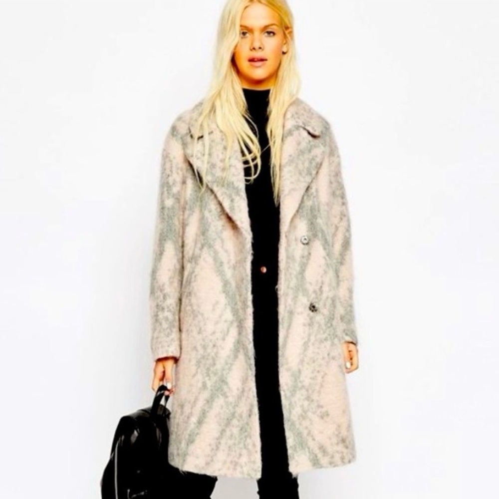 MOHAIR ALPACA WOOL SUPER SOFT NEUTRAL PLAID MIDI COAT SIZE 4 ASOS